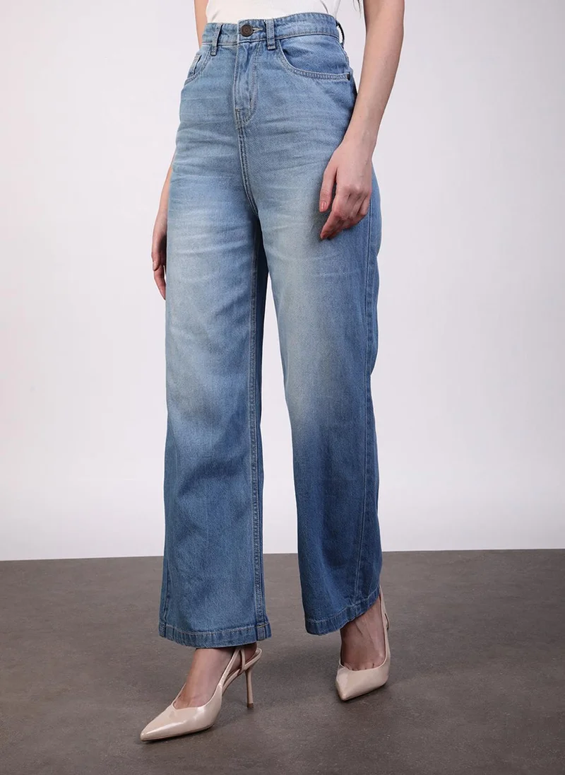 Urbano Fashion Urbano Fashion Women's Light Blue Regular Fit Wide Leg Washed Jeans